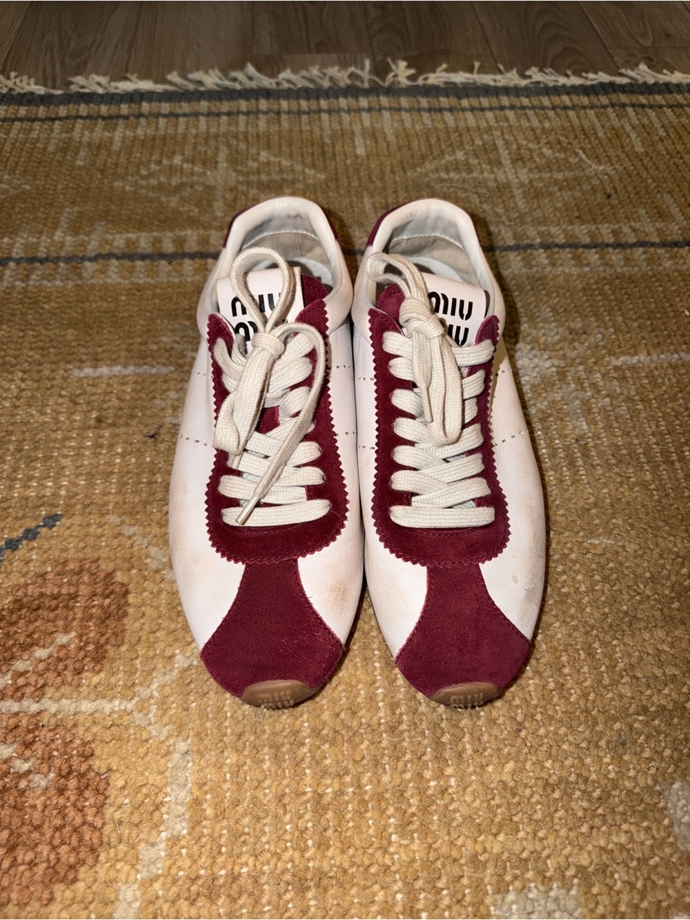 Miu Miu Plume White & Burgundy Leather Sneakers